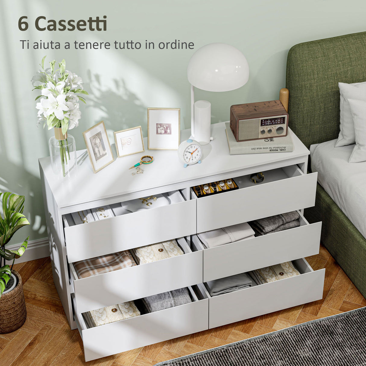 easycomfort easycomfort cassettiera 6 cassetti per camera da letto in legno con guide in metallo 120x39x75 cm bianco