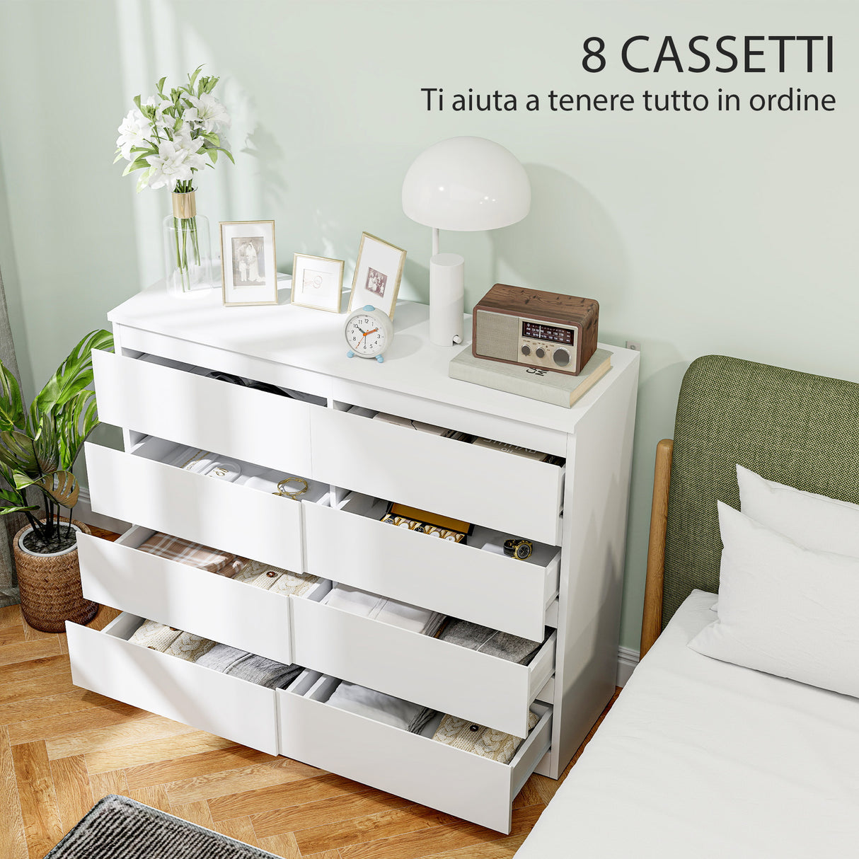 easycomfort easycomfort cassettiera 8 cassetti per camera da letto in legno con maniglie scanalate 120x39x100 cm bianco