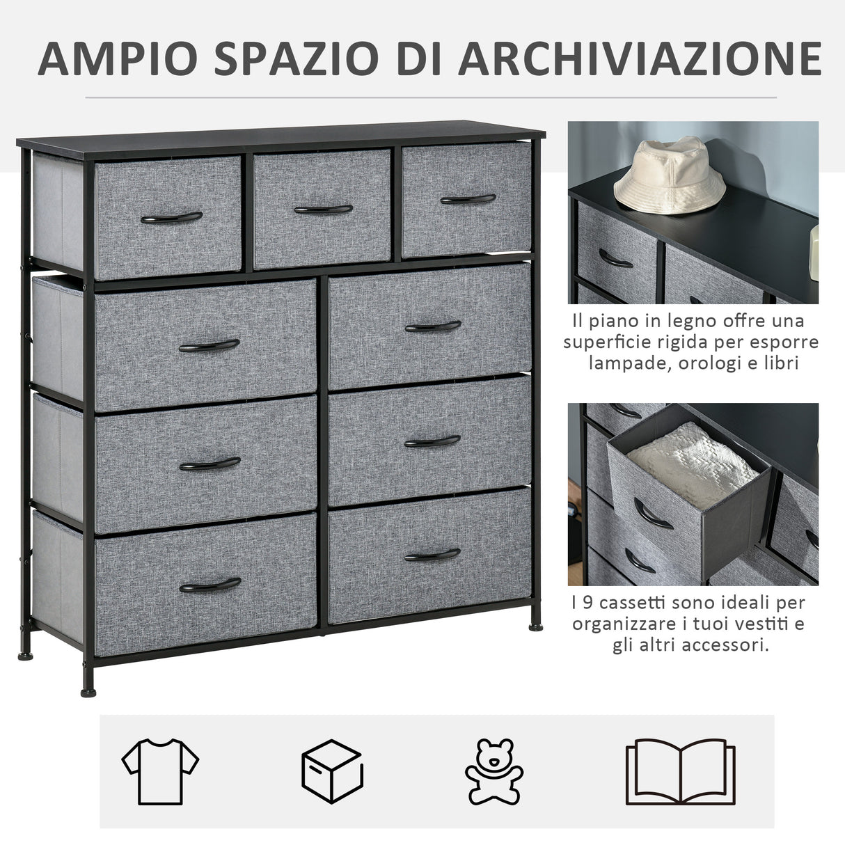 easycomfort easycomfort cassettiera con 9 cassetti in tessuto pieghevoli e struttura in acciaio e legno 100x30x100cm nero e grigio