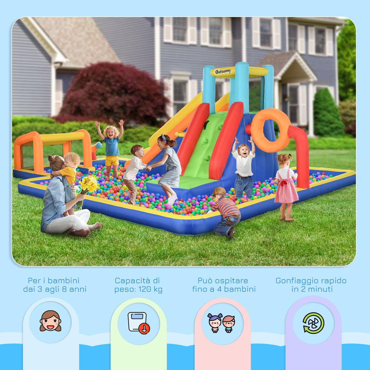 easycomfort easycomfort castello gonfiabile per bambini 3 8 anni con scivolo parete porta e canestro in tessuto oxford 590x460x220 cm