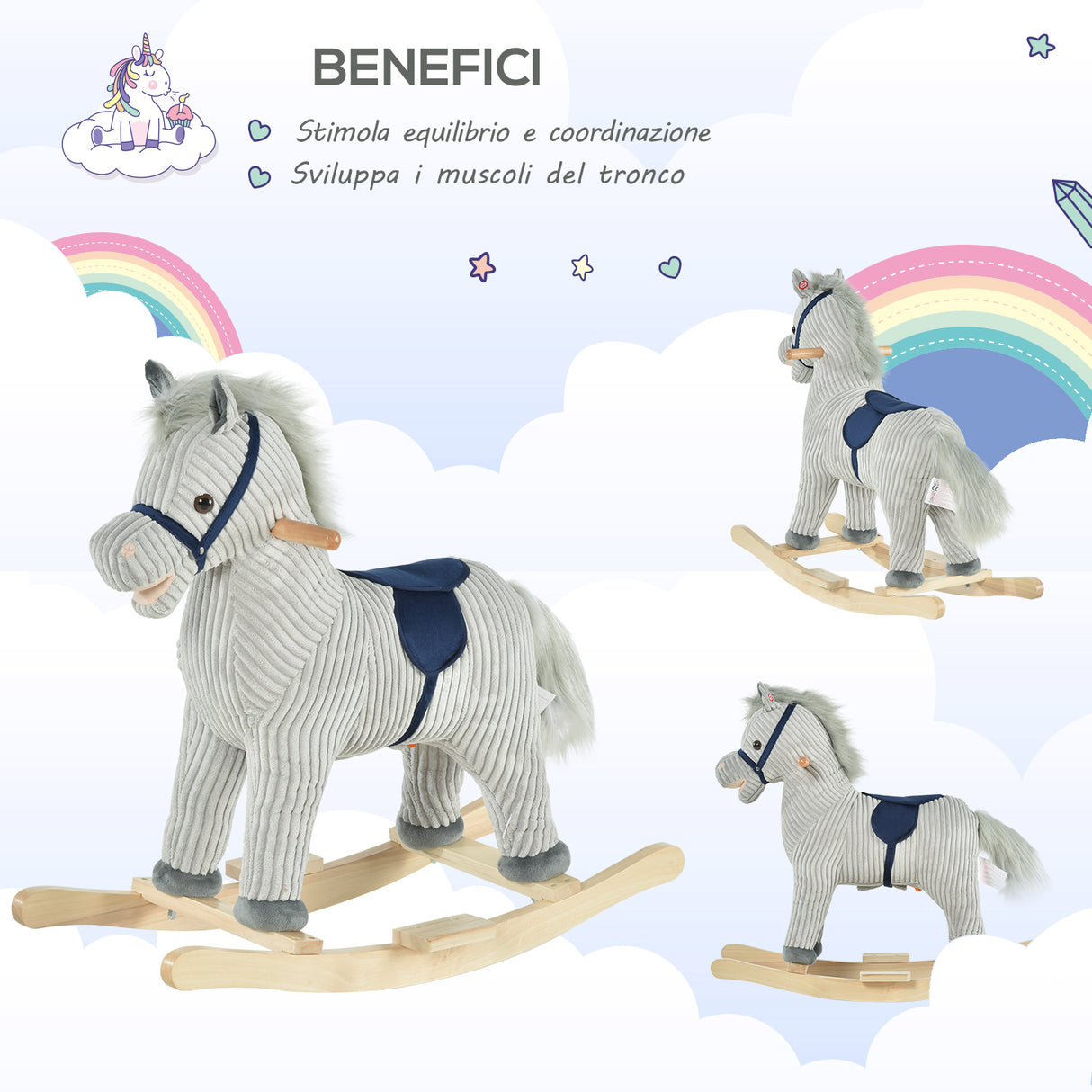 easycomfort easycomfort cavallo a dondolo per bambini 3 6 anni con suoni in peluche 73x35x64cm grigio