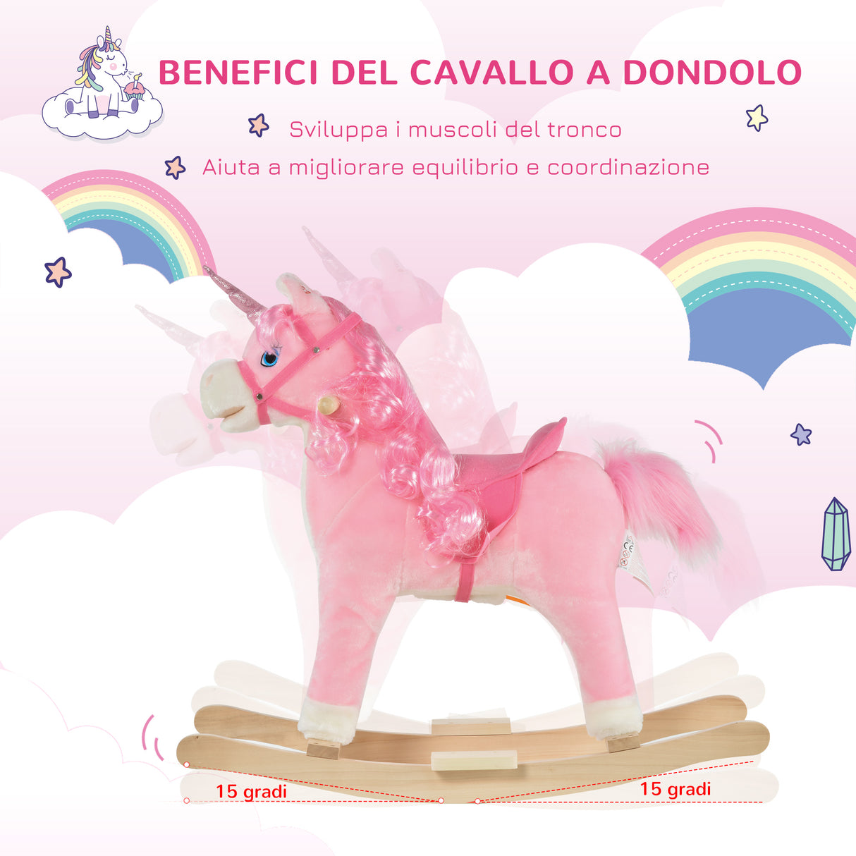 easycomfort easycomfort cavallo a dondolo per bambini 36 72 mesi unicorno a dondolo con suoni in legno e peluche rosa 74x33x62cm