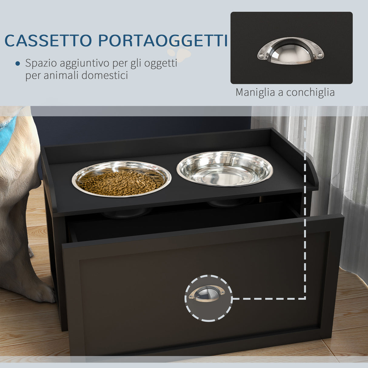 easycomfort easycomfort ciotole per cani rialzate in acciaio inox e legno con cassetto 60x30x36cm nero