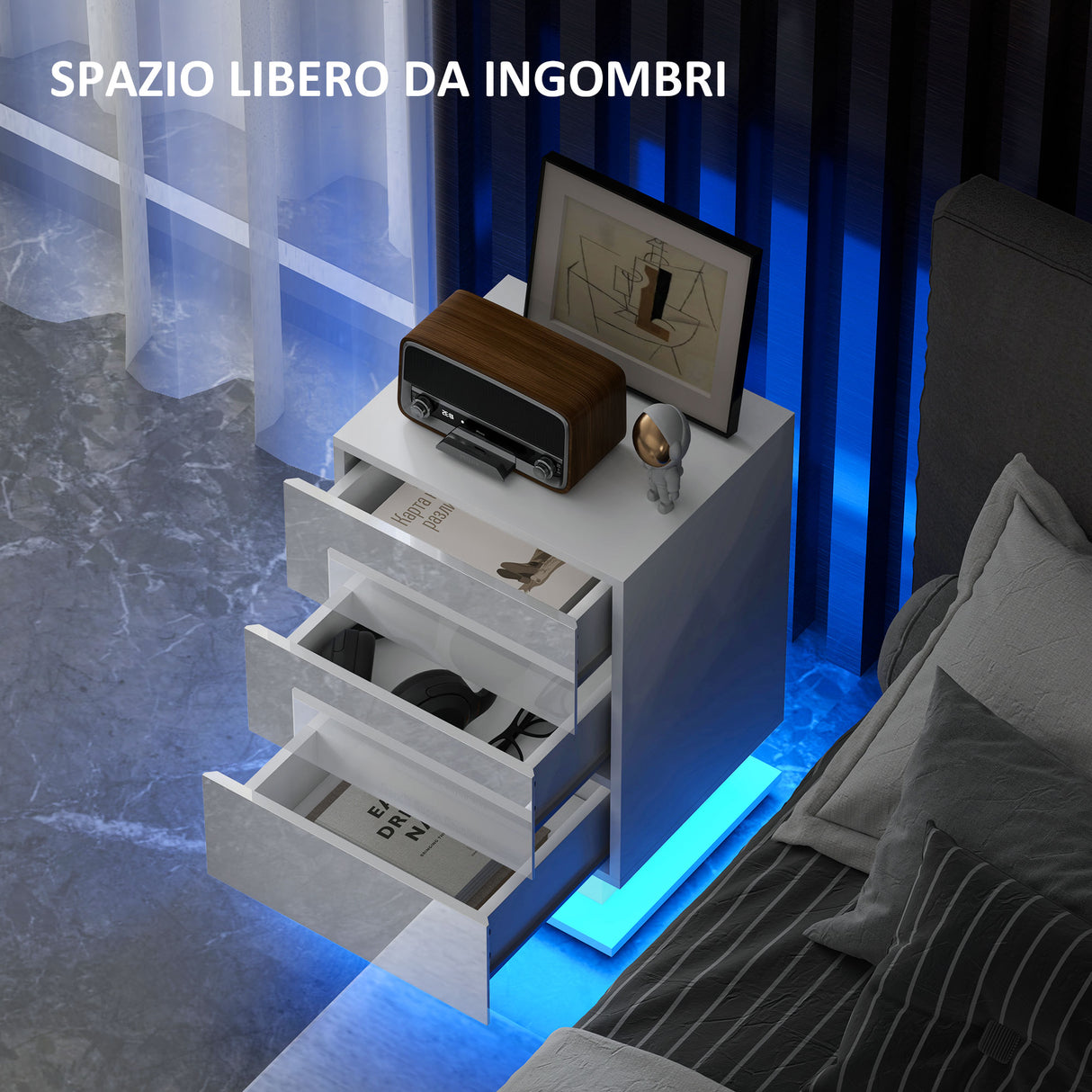 easycomfort easycomfort comodino moderno con luce led regolabile con telecomando e 3 cassetti 40x35x60 cm bianco lucido