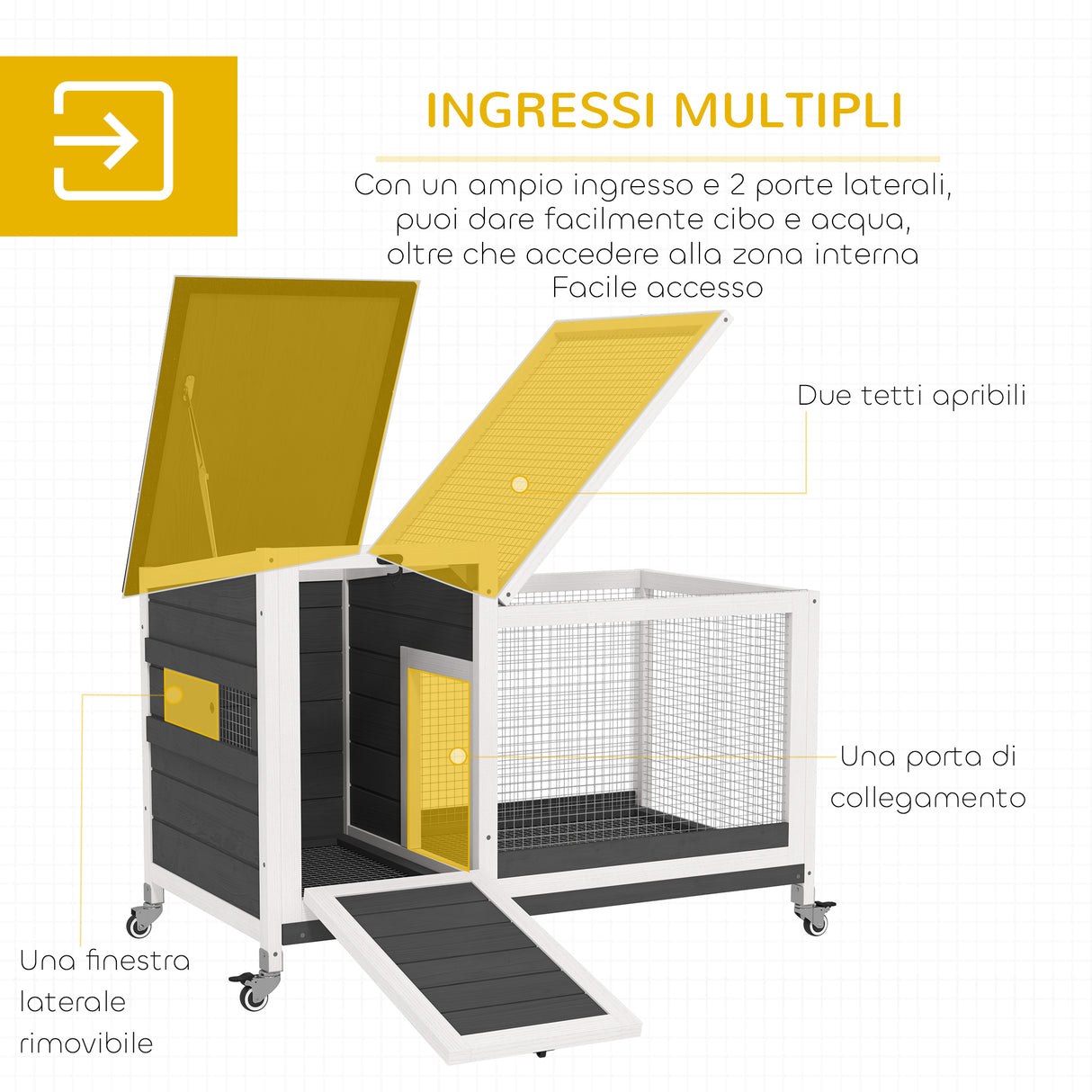 easycomfort easycomfort conigliera da esterno a rotelle con vassoio estraibile in legno di abete e acciaio 91x51x66 cm multicolore