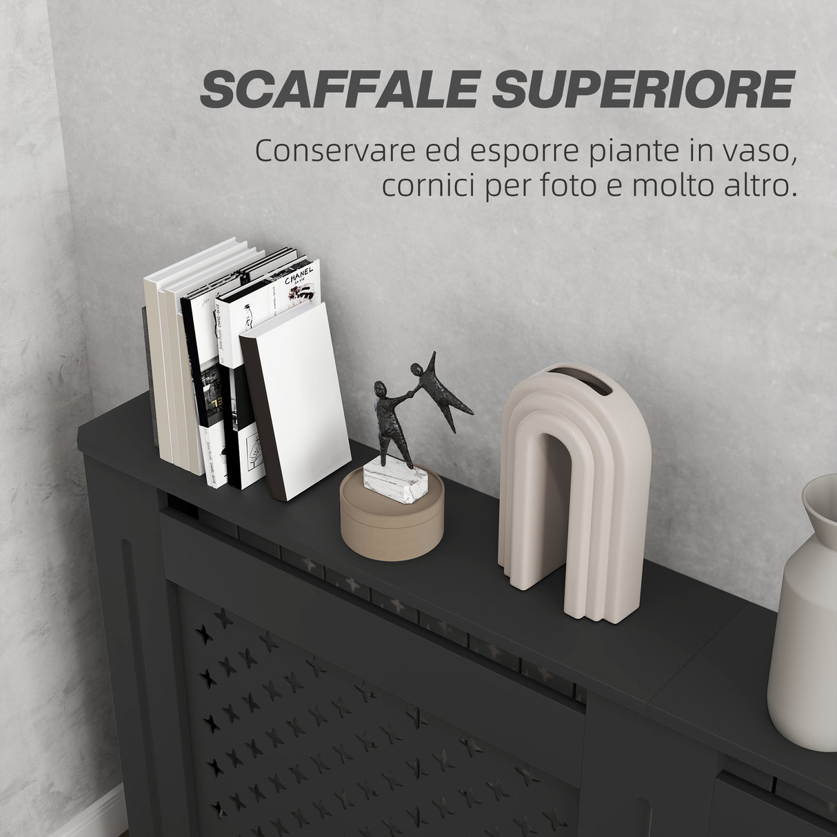 easycomfort easycomfort copritermosifoni in legno mdf traforato a croce con ripiano e fissaggio a muro 152x19x82 cm nero