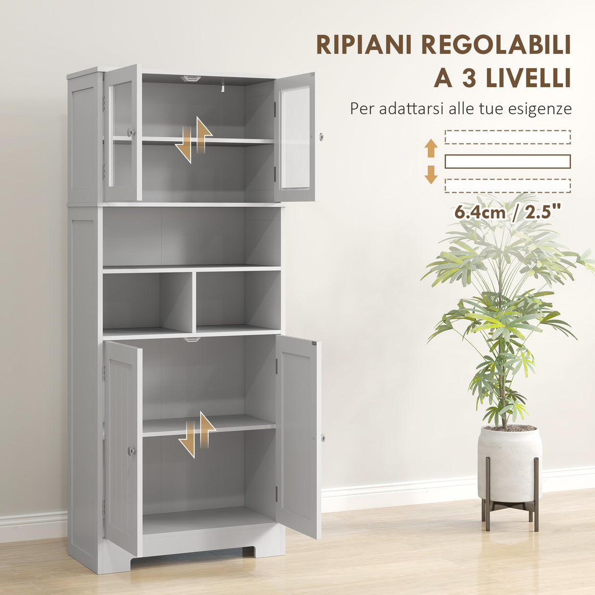 easycomfort easycomfort credenza cucina con 2 armadietti e 3 vani aperti ante a vetro e ripiani regolabili 60x30x145 5 cm bianco