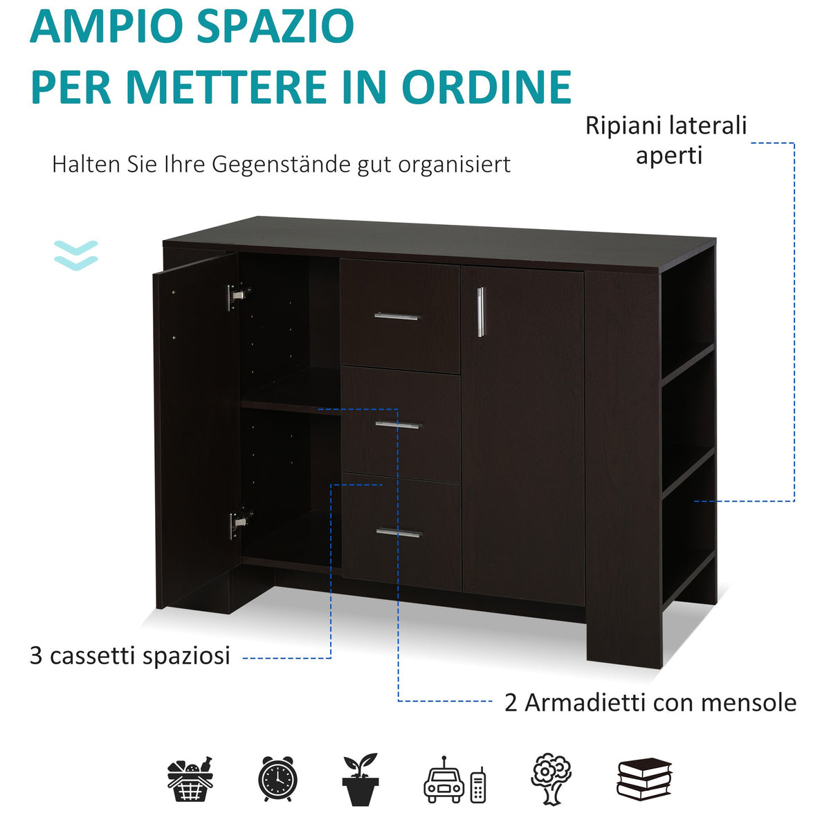 easycomfort easycomfort credenza in stile classico per sala da pranzo con 2 ante 3 cassetti e 3 ripiani in legno scuro 120 x 38 x 84cm ean 8054111848381