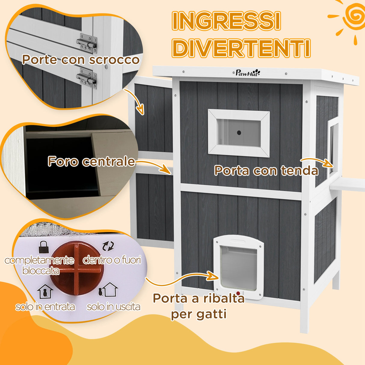 easycomfort easycomfort cuccia per gatti da esterno in legno a 2 livelli con tetto in asfalto e 4 porte 60x60x90 5cm grigio