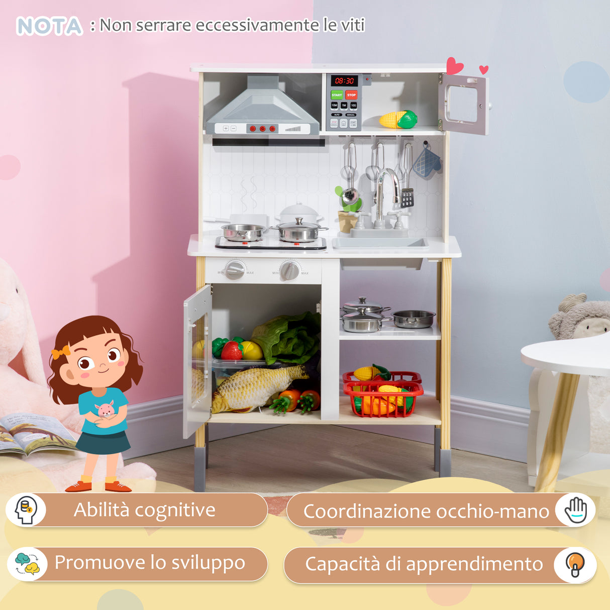 easycomfort easycomfort cucina giocattolo per bambini con altezza regolabile suoni luci e utensili in mdf e pp 60x30 5x93 2 cm