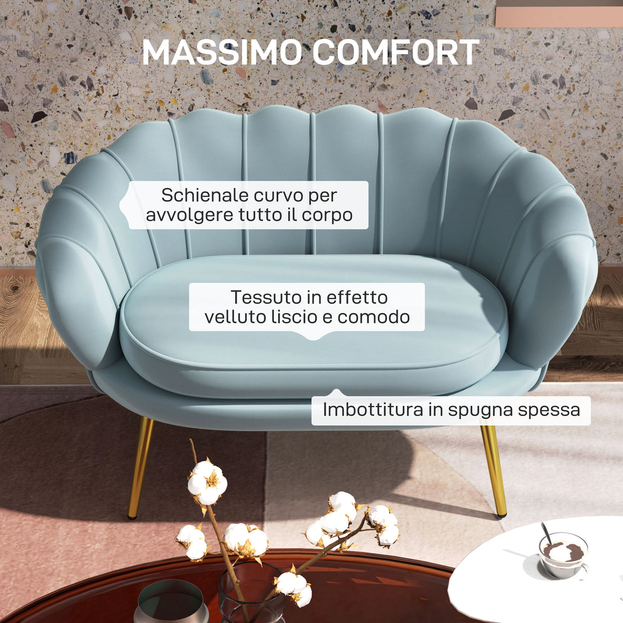 easycomfort easycomfort divanetto 2 posti in stile industrial chic in tessuto effetto velluto e metallo 130x77x77 cm azzurro