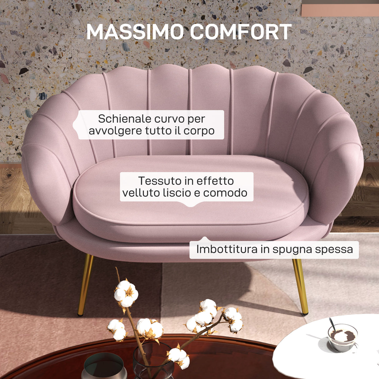 easycomfort easycomfort divanetto 2 posti in stile industrial chic in tessuto effetto velluto e metallo 130x77x77 cm rosa