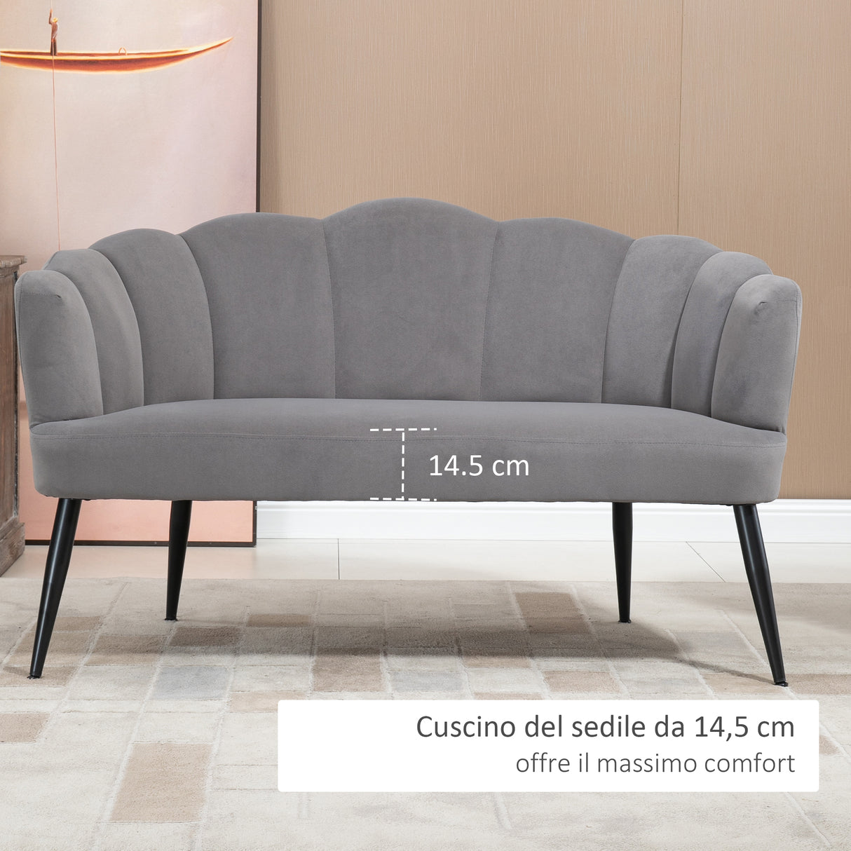 easycomfort easycomfort divano 2 posti in velluto con gambe in metallo e schienale a conchiglia 132x66x80cm grigio