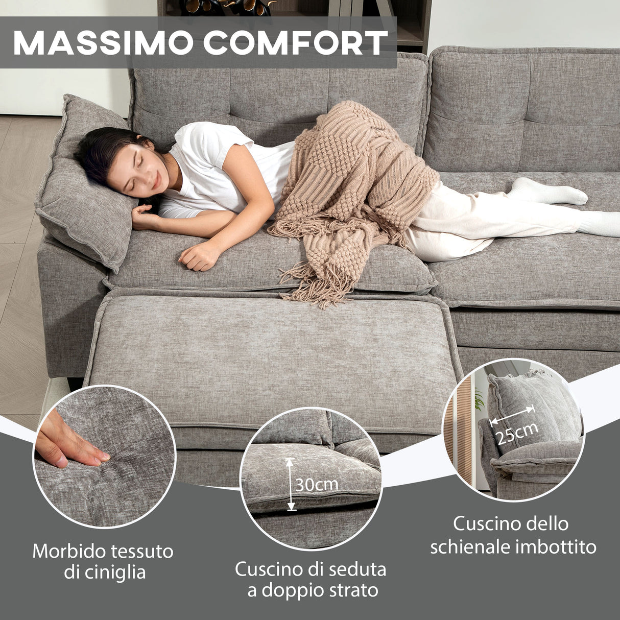 easycomfort easycomfort divano angolare modulare con chaise longue pouf contenitore e rivestimento in ciniglia grigio