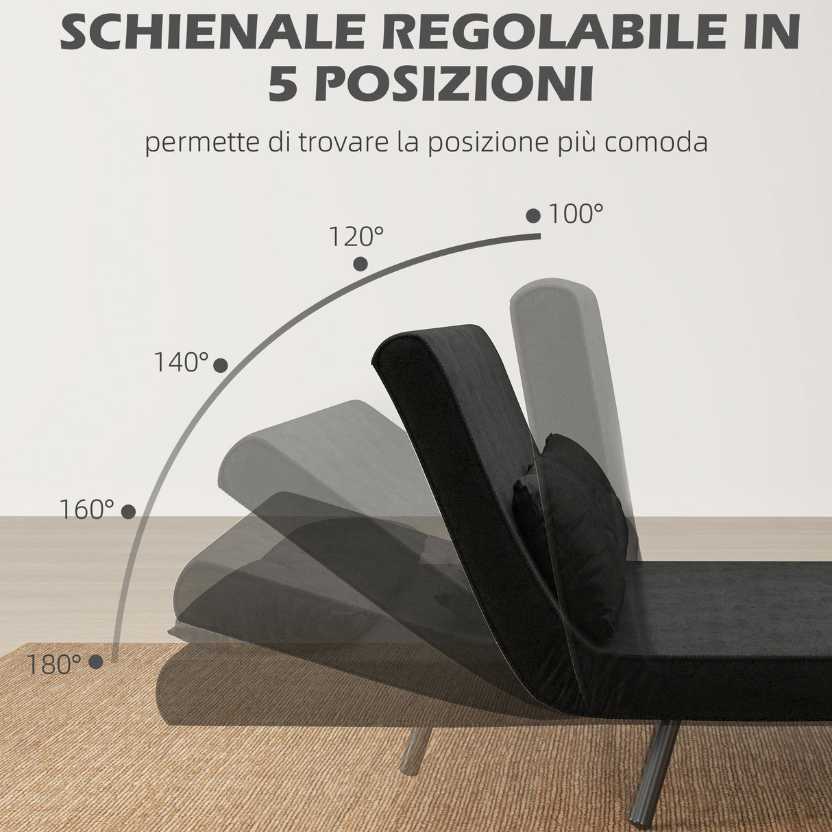 easycomfort easycomfort divano letto 3 in 1 in tessuto effetto velluto con schienale regolabile e 2 cuscini 102x73x81 cm nero