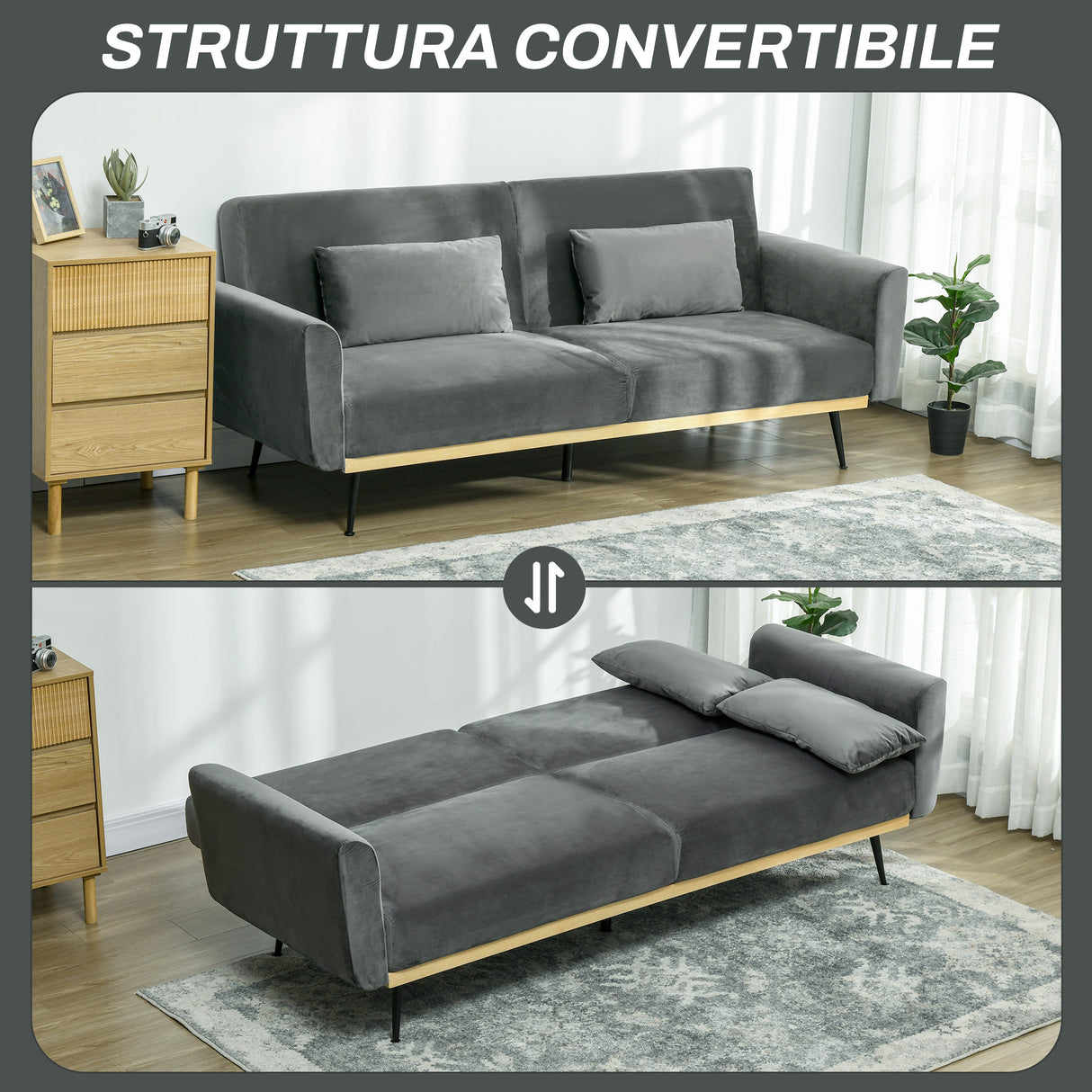 easycomfort easycomfort divano letto 3 posti con design clic clac e 2 cuscini in tessuto effetto velluto 206x81x83 cm grigio