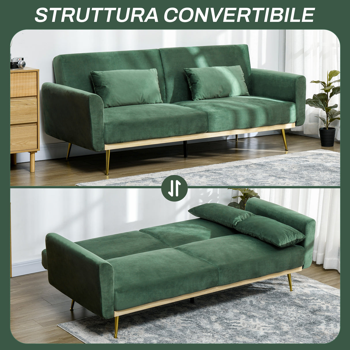 easycomfort easycomfort divano letto 3 posti con design clic clac e 2 cuscini in tessuto effetto velluto 206x81x83 cm verde