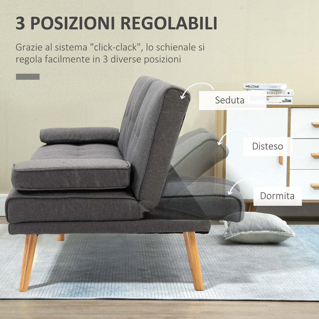 easycomfort easycomfort divano letto 3 posti reclinabile con 2 braccioli staccabili in tessuto effetto lino e legno di pioppo 181x77x78 cm