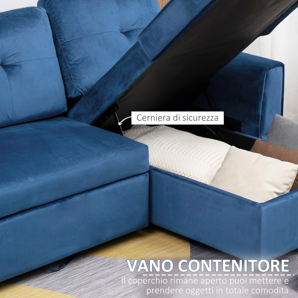 easycomfort easycomfort divano letto angolare 3 posti effetto velluto e chaise longue con contenitore 232x141x85cm blu