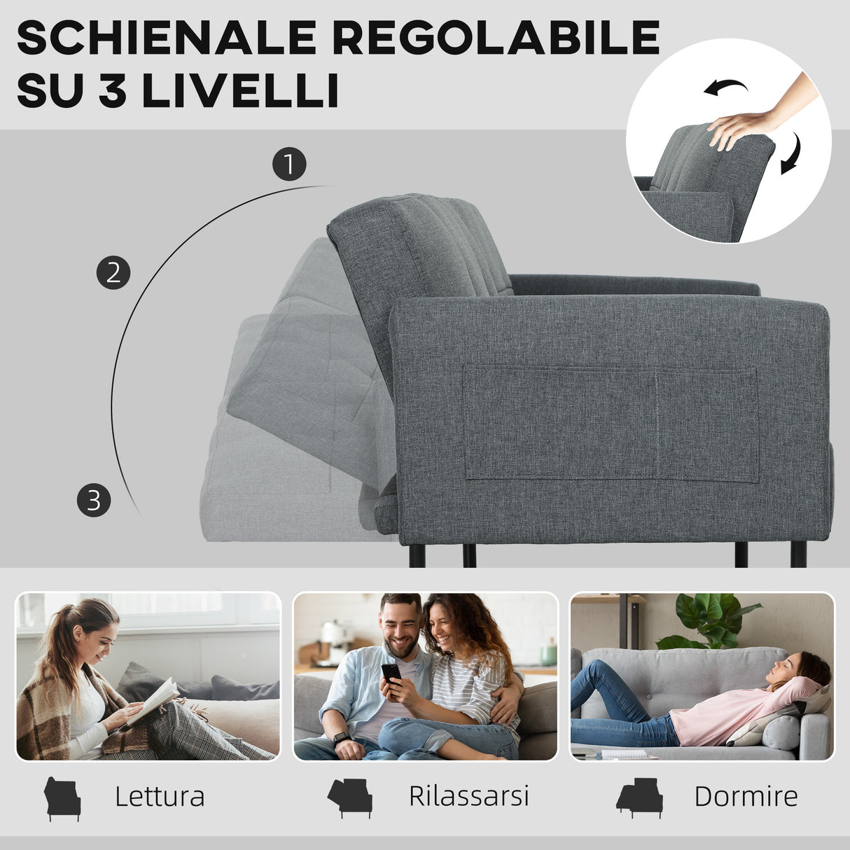 easycomfort easycomfort divano letto clic clac con schienale regolabile in tessuto effetto lino legno e acciaio 200x77x72 cm grigio