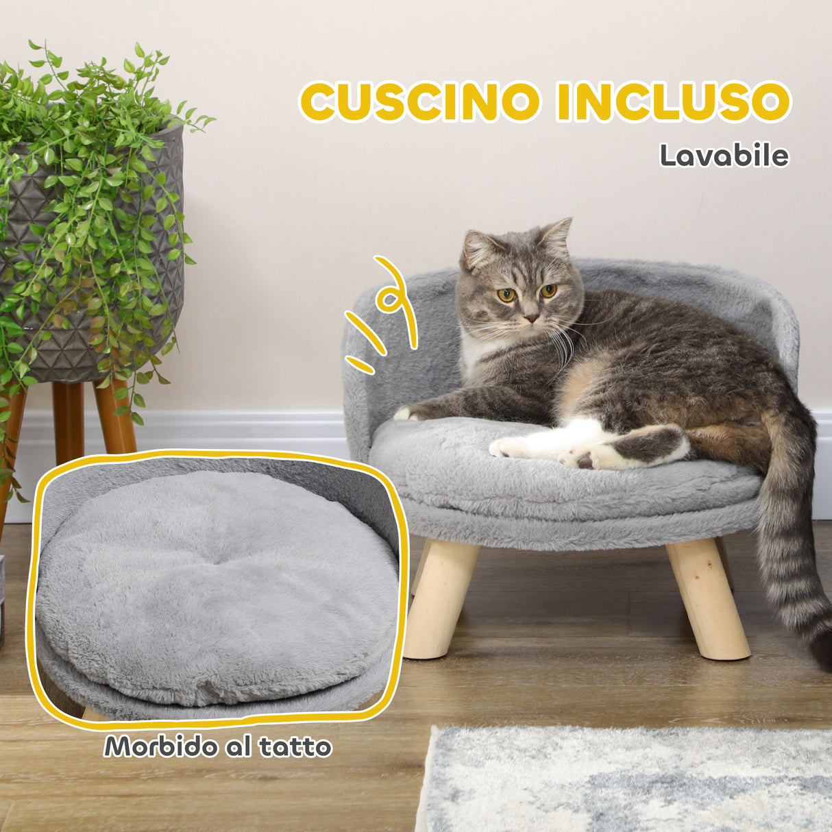 easycomfort easycomfort divano per gatti e cani rotondo in peluche e legno con cuscino extra 40 5x33 cm grigio