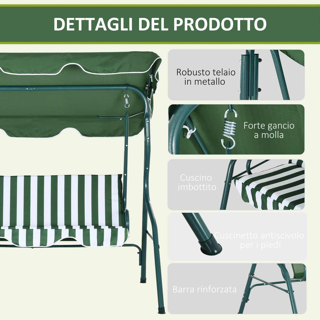 easycomfort easycomfort dondolo 3 posti con tettuccio regolabile e cuscini in acciaio e poliestere 170x110x153 cm verde e bianco