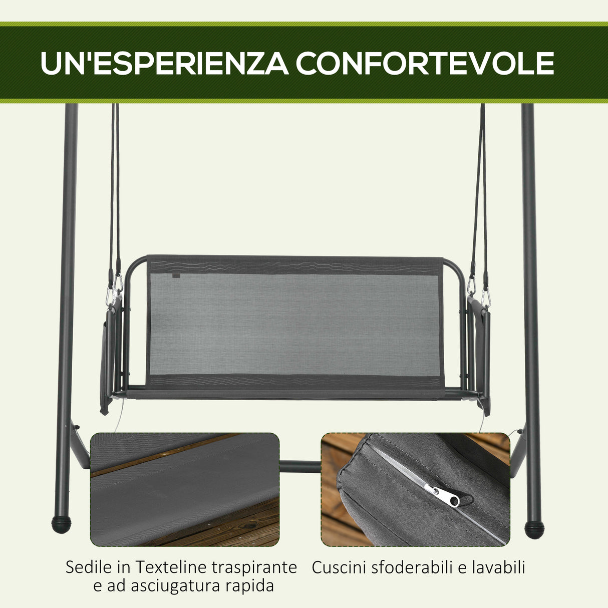 easycomfort easycomfort dondolo da giardino 2 posti con cuscini e tasche in acciaio e textilene 168x117x181 cm grigio scuro