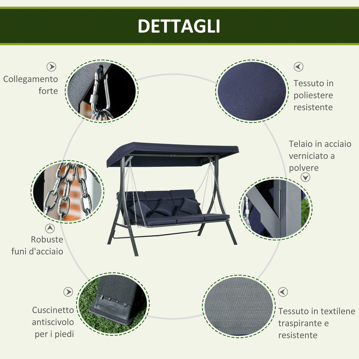 easycomfort easycomfort dondolo da giardino 3 posti con cuscini seduta chaise longue e tettuccio 198x118x168 cm blu scuro