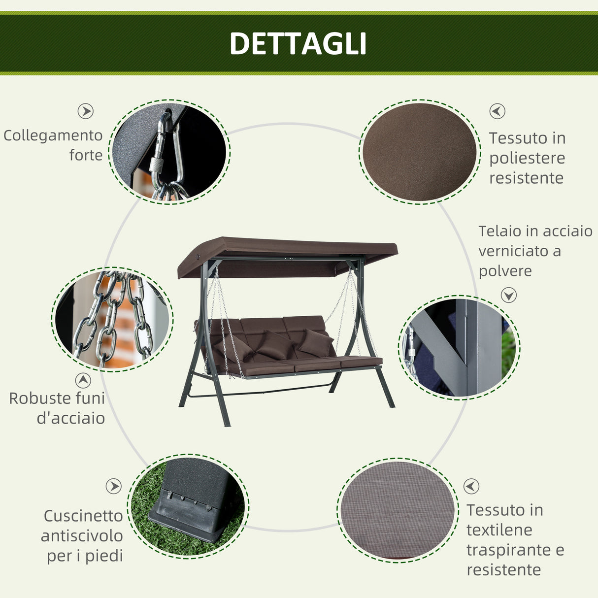 easycomfort easycomfort dondolo da giardino 3 posti con cuscini seduta chaise longue e tettuccio 198x118x168 cm marrone