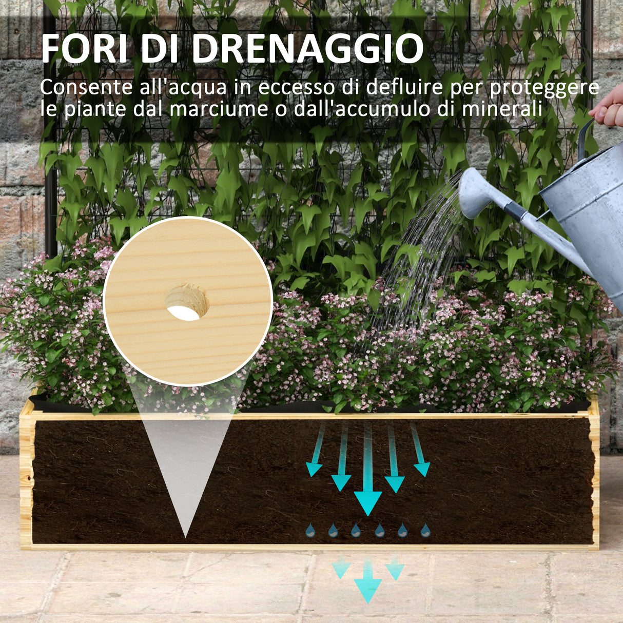 easycomfort easycomfort fioriera con grigliato e 2 fori di drenaggio in legno di abete e acciaio 80x38x145 cm