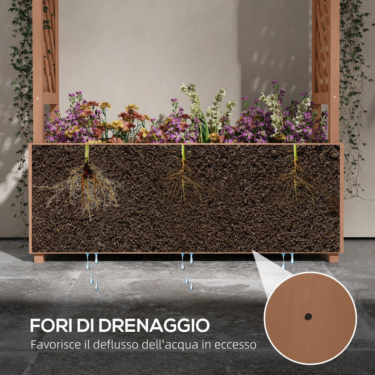 easycomfort easycomfort fioriera con grigliato fori di drenaggio e tettuccio in legno di abete 112x41x180 cm marrone