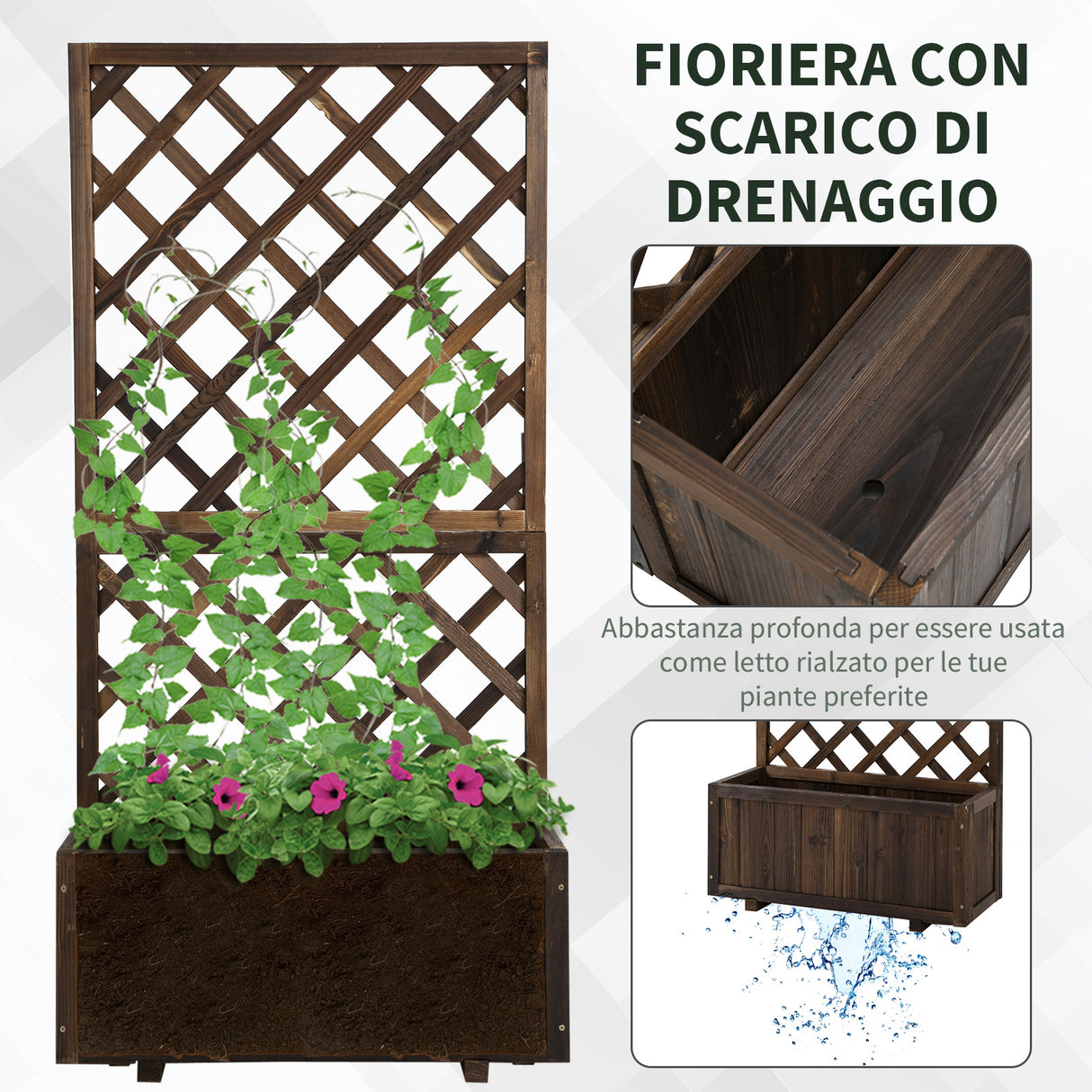 easycomfort easycomfort fioriera da esterno con grigliato per rampicanti e vaso in legno di abete 72 5x31 5x149 5 cm
