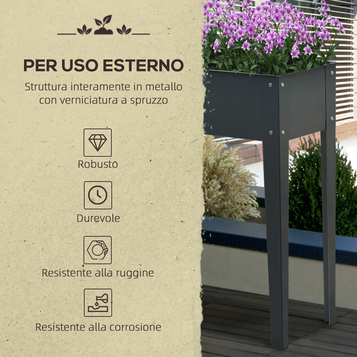 easycomfort easycomfort fioriera da esterno rialzata in metallo con 3 fori di drenaggio 100x30x80 cm grigio