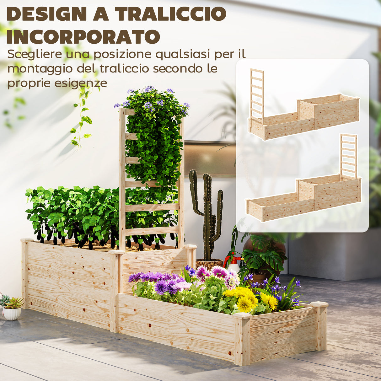 easycomfort easycomfort fioriera rialzata con grigliato per rampicanti e divisorio in legno di abete 222x63x132 cm color legno