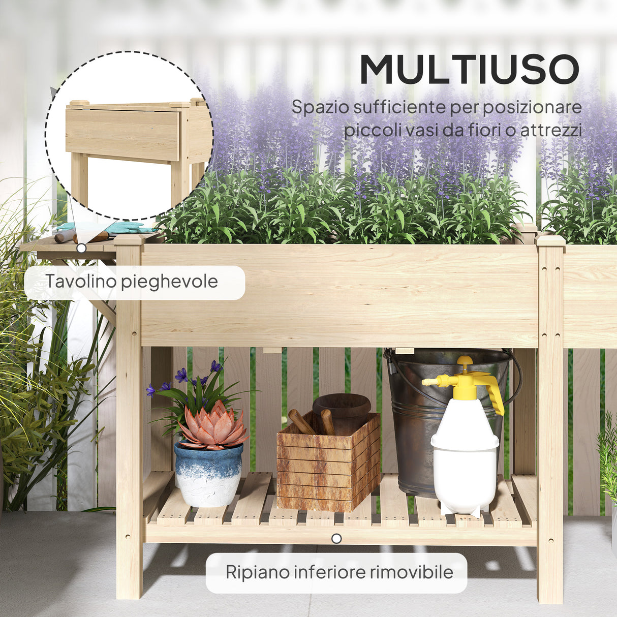 easycomfort easycomfort fioriera rialzata con tavolino laterale e ripiano porta attrezzi inferiore in legno di abete 207x59x78 cm