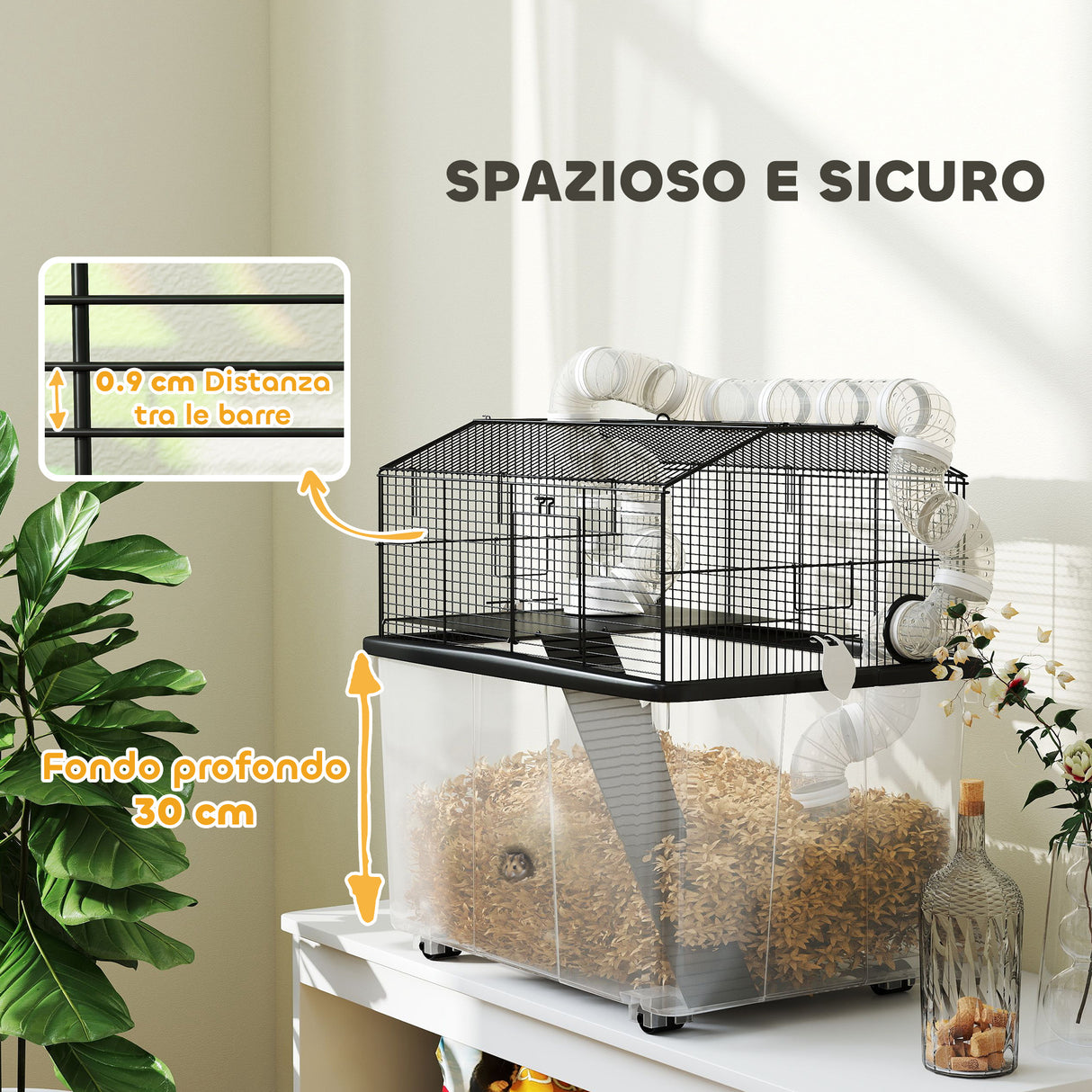 easycomfort easycomfort gabbia per criceti a 2 piani con ruote tubi ciotola bottiglia e rampa 58x43x57 cm nero