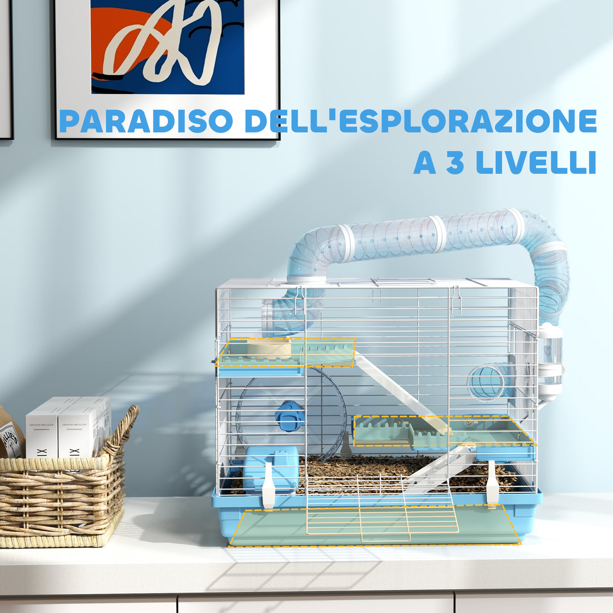 easycomfort easycomfort gabbia per criceti a 3 piani con casetta ruota ciotola per cibo bottiglia e tubi azzurro
