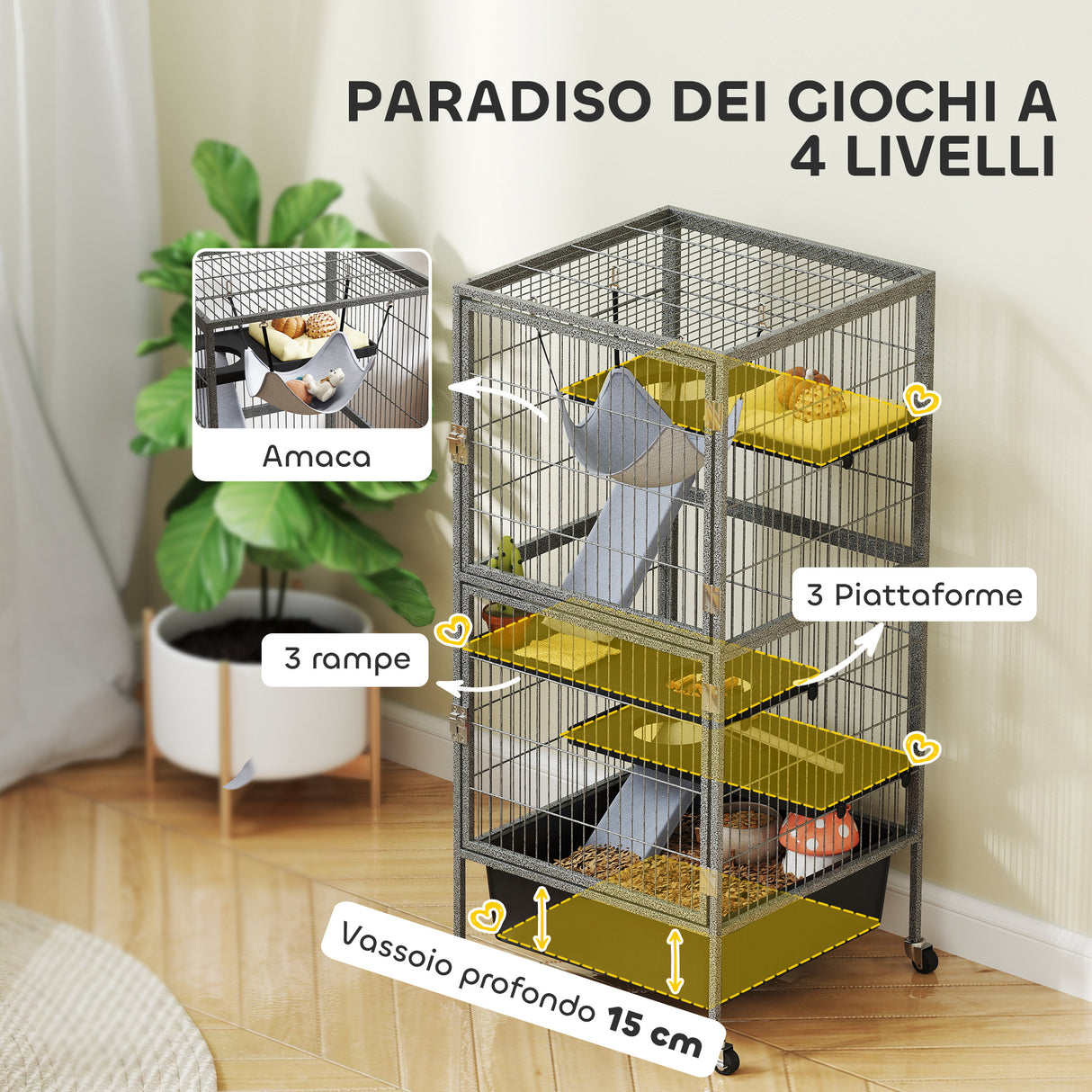 easycomfort easycomfort gabbia per piccoli animali a 4 livelli con rampe piattaforme amaca e ruote 52x52x115 cm grigio