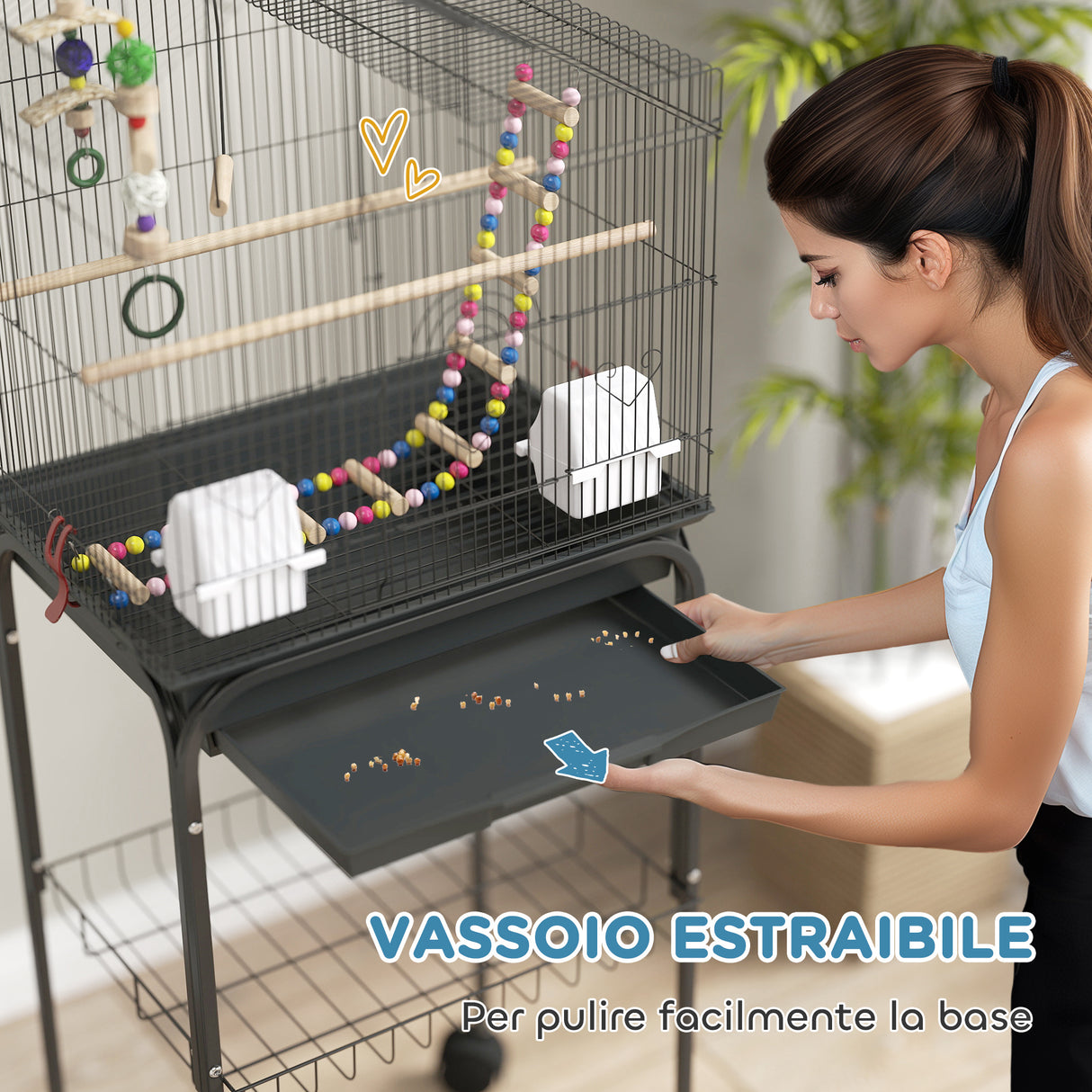 easycomfort easycomfort gabbia per uccelli con piedistallo ruote girevoli ripiano e accessori 46x36x120 cm nero