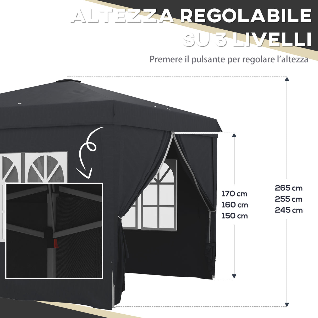 easycomfort easycomfort gazebo 3x3 ad altezza regolabile con fori di drenaggio e borsa da trasporto in metallo grigio