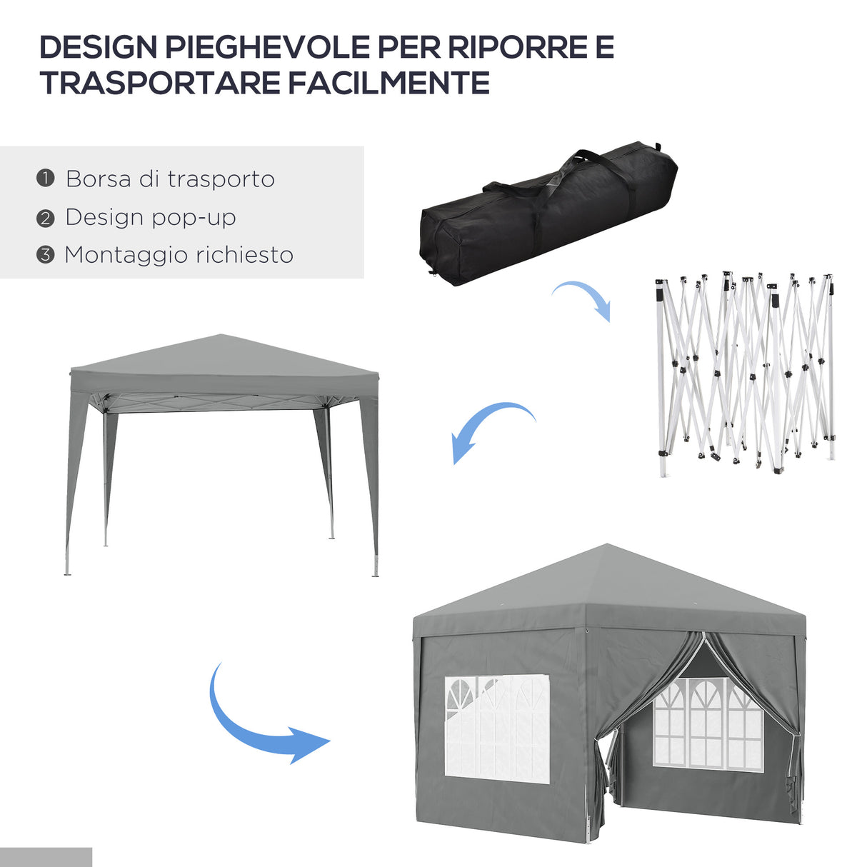 easycomfort easycomfort gazebo da esterno 3x3 m pieghevole con 4 pannelli laterali in acciaio e tessuto oxford grigio chiaro