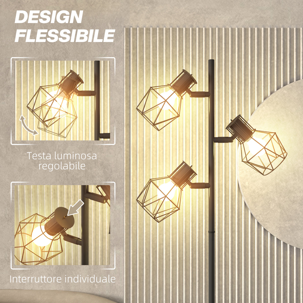 easycomfort easycomfort lampada da terra 40w con 3 luci regolabili e interruttore a manopola in metallo 41x28x169 cm nero