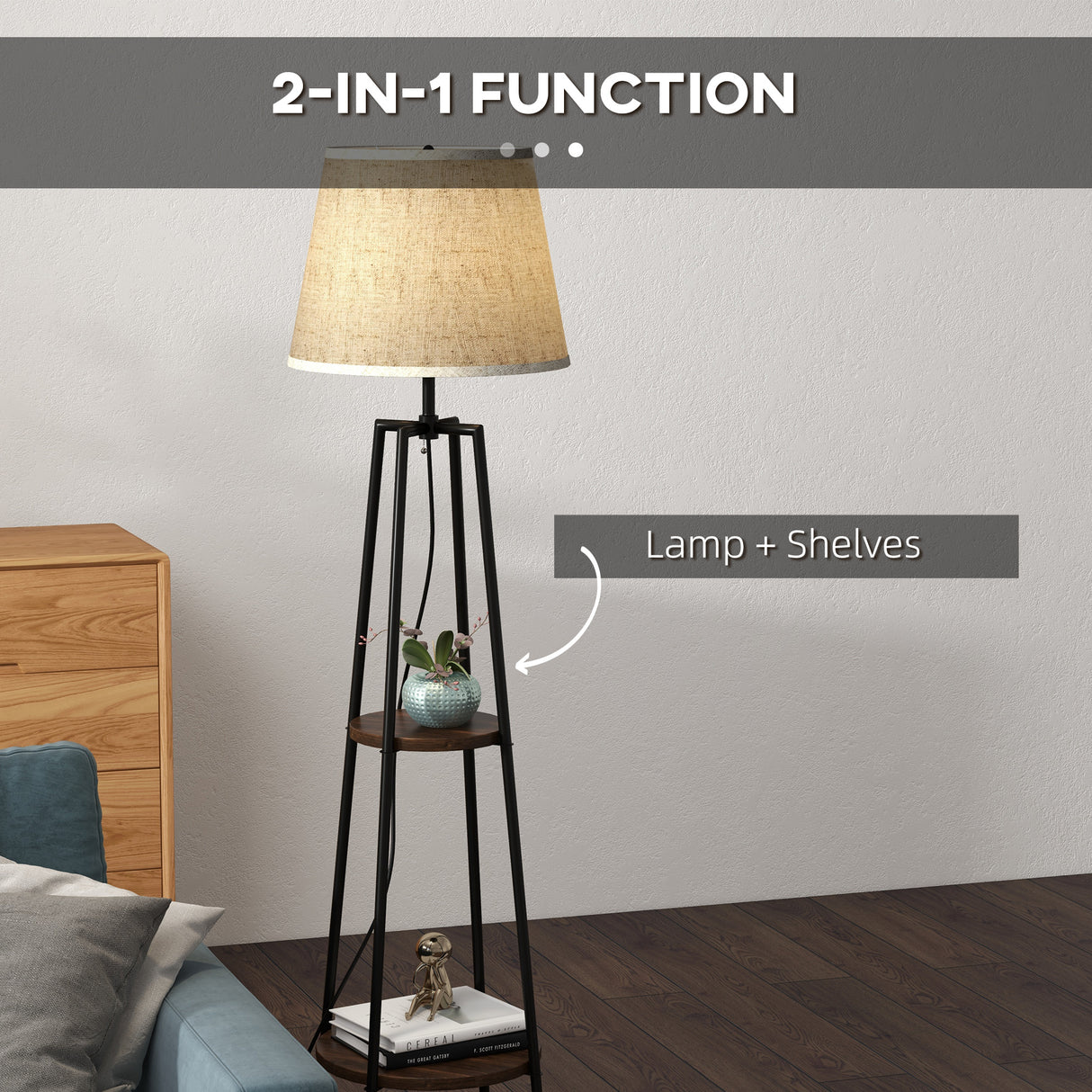 easycomfort easycomfort lampada da terra a 2 ripiani in metallo e mdf con paralume in tessuto 42x166 cm nero e marrone