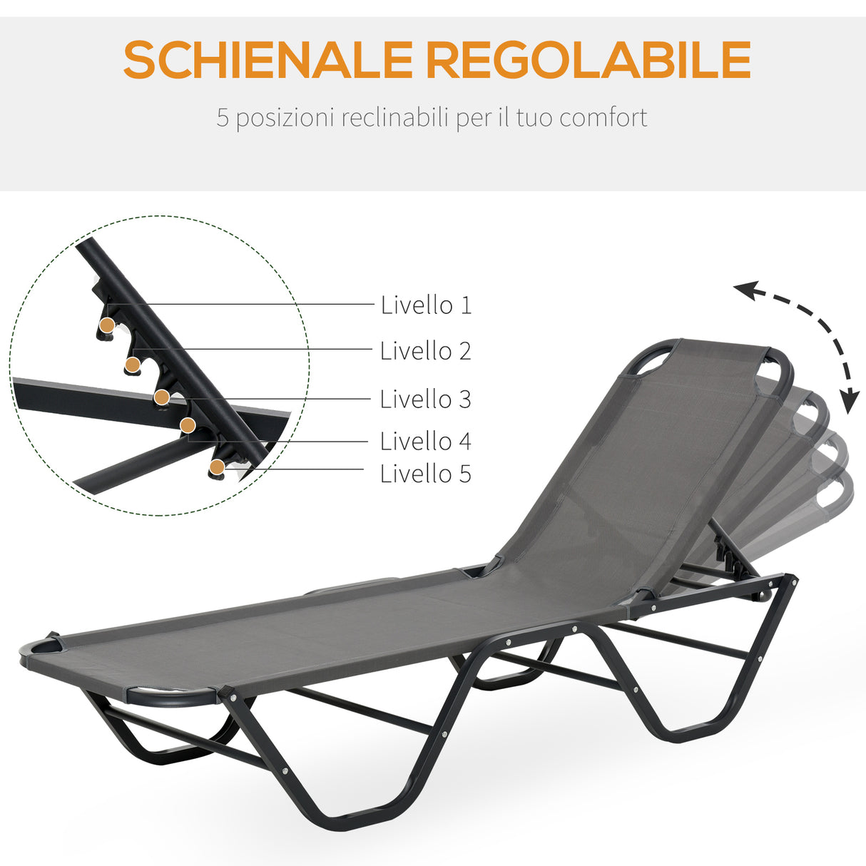 easycomfort easycomfort lettino prendisole in alluminio con schienale reclinabile a 5 livelli 163x58 5x91cm grigio