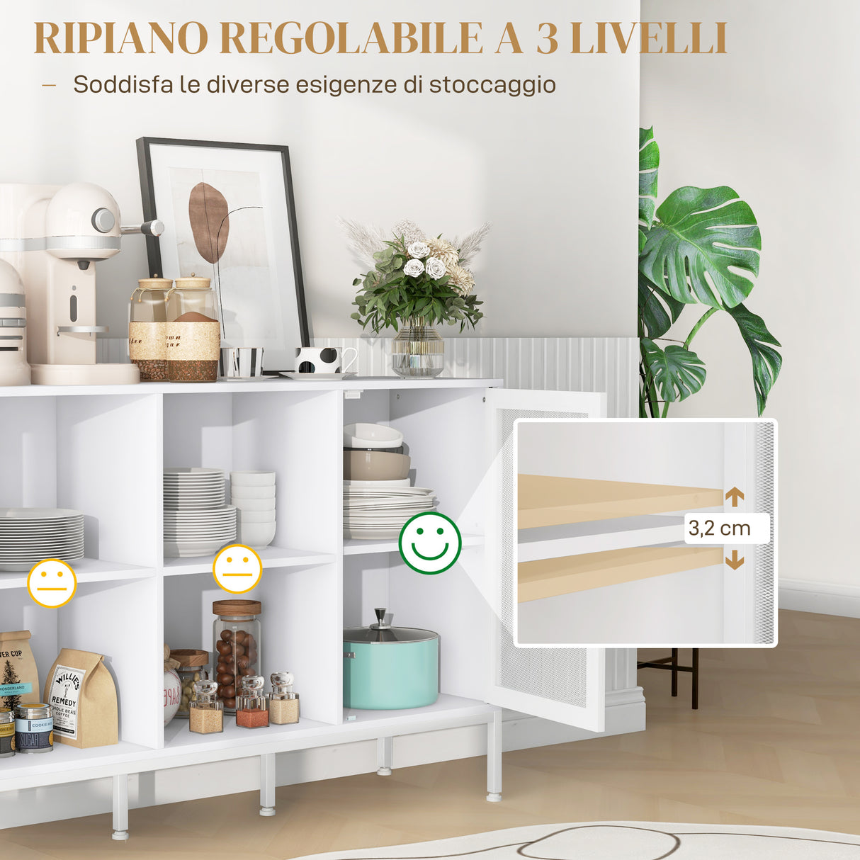 easycomfort easycomfort mobile buffet con 4 ripiani aperti e armadietto in truciolato e acciaio 120x37x81 5 cm bianco