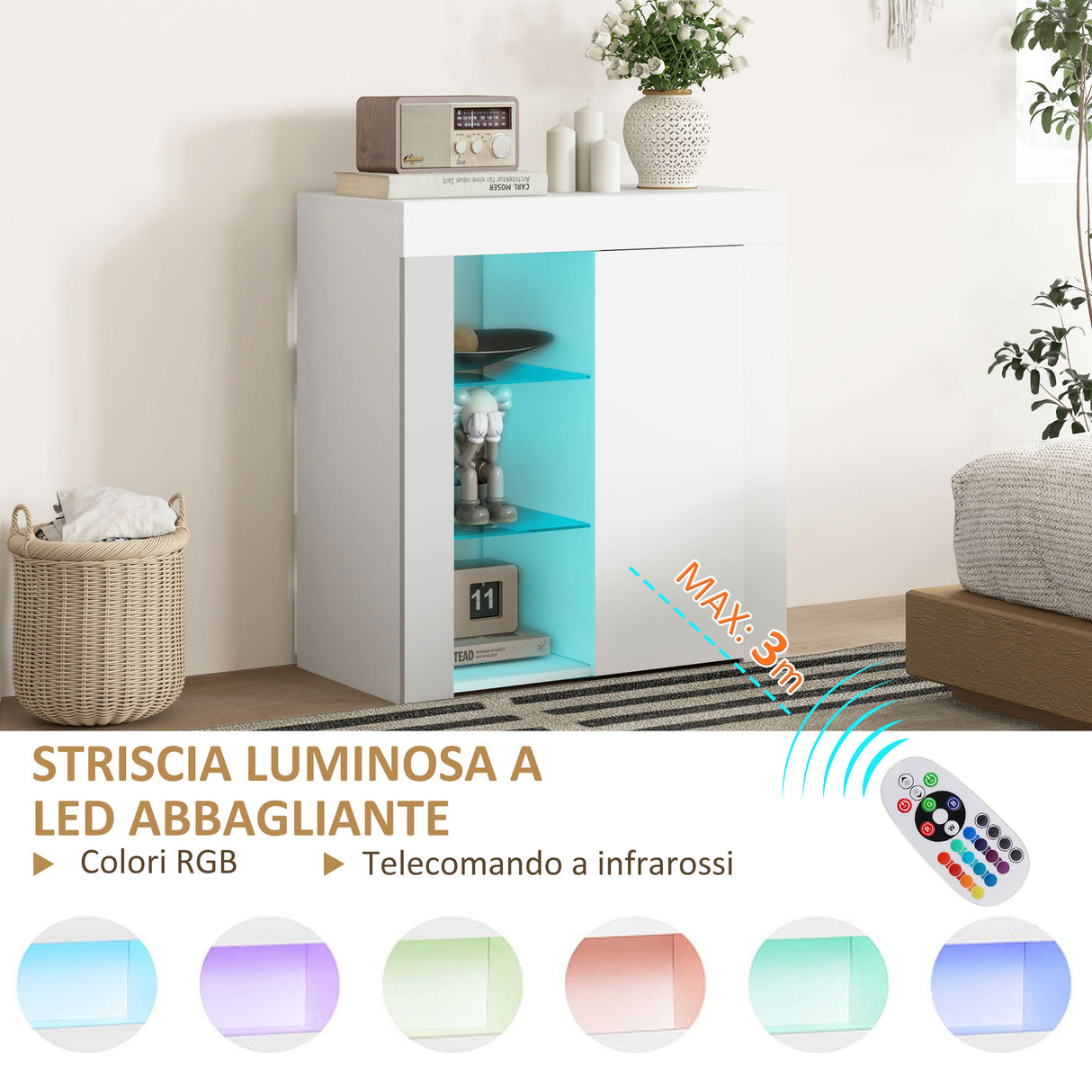 easycomfort easycomfort mobile contenitore a led con 3 ripiani aperti e armadietto a 2 livelli in legno e vetro 75x40 1x83 cm bianco