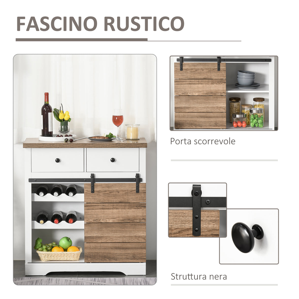 easycomfort easycomfort mobile da cucina rustico con 2 cassetti ripiani aperti e portabottiglie in legno e metallo 80x39x86 cm
