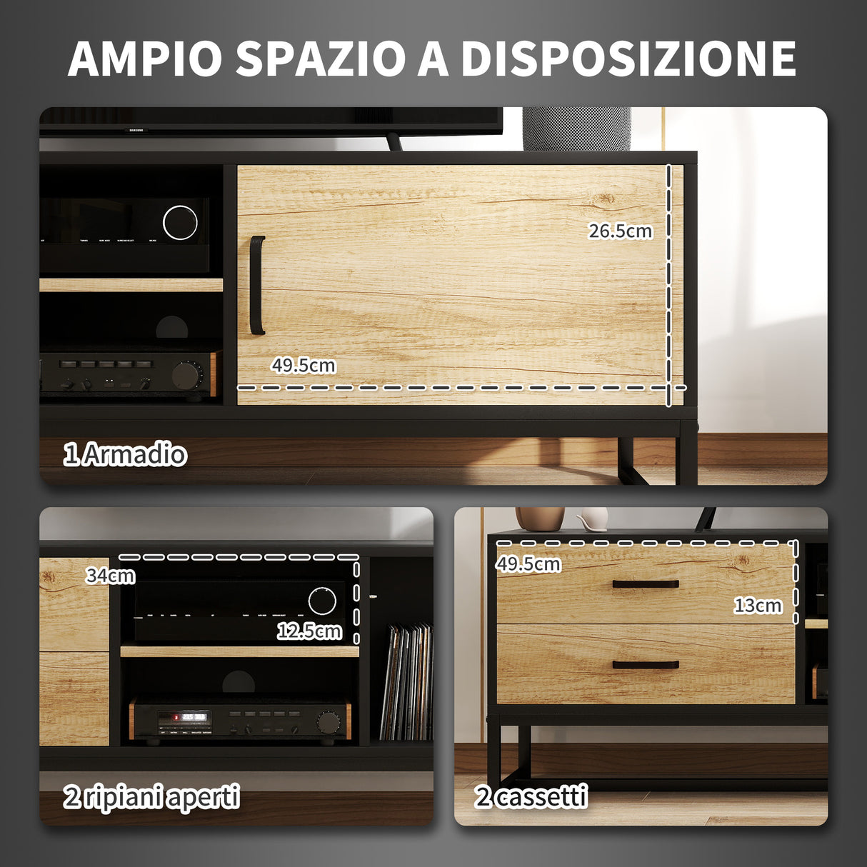easycomfort easycomfort mobile porta tv 60 con armadietto 2 cassetti e ripiani aperti 140x35x45 cm legno naturale