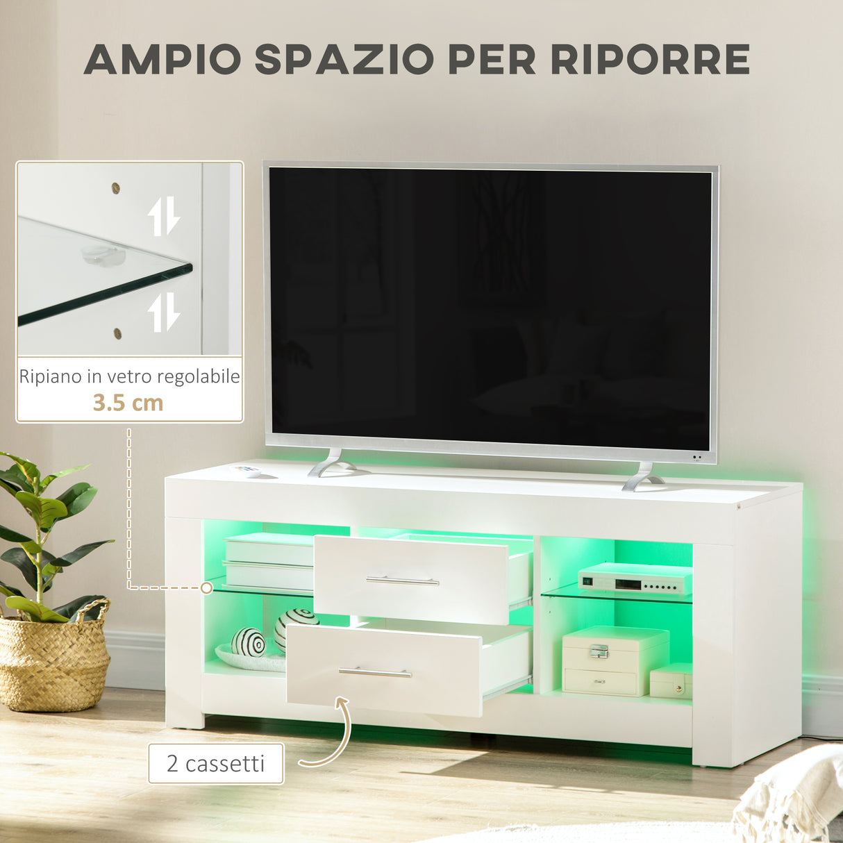 easycomfort easycomfort mobile porta tv da 55 con luci led a 12 colori e telecomando legno e vetro 120x40x50cm bianco