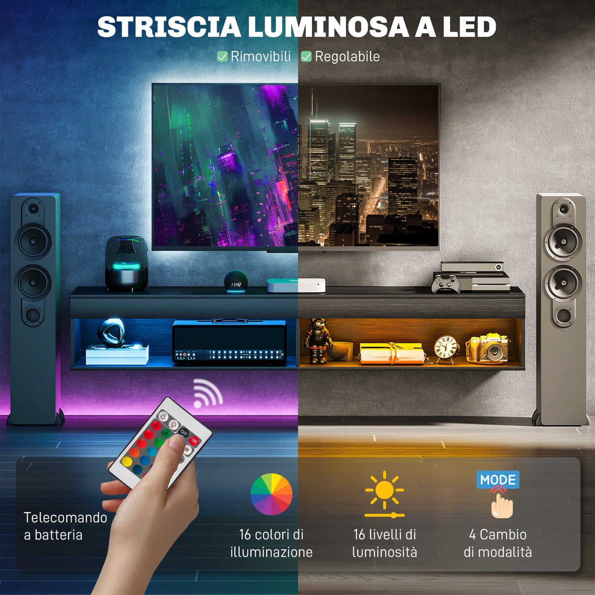 easycomfort easycomfort mobile porta tv fino 75 sospeso con luci led 16 colori e telecomando 180x40x30cm nero